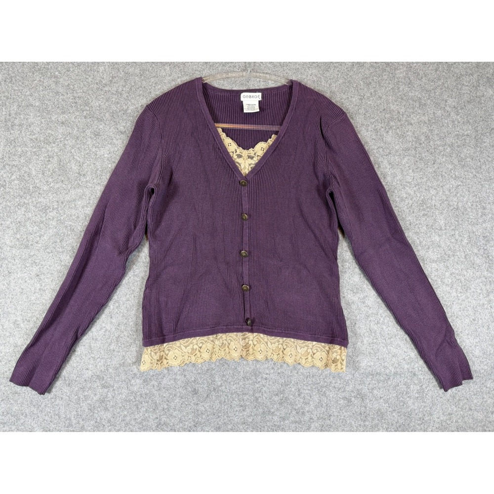George Cardigan Women Large 12/14 Purple Good Vintage Silk Blend Lace Ribbed